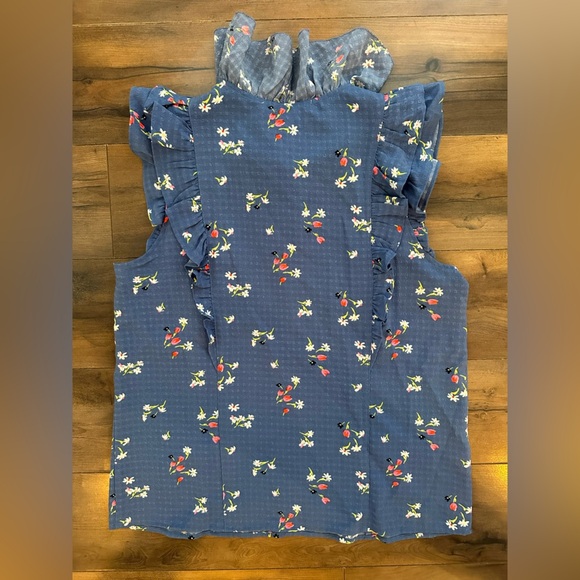 LOFT Smocked Ruffle Neck Sleeveless Floral Blouse – Size Small – Blue Fall Top - Picture 8 of 9